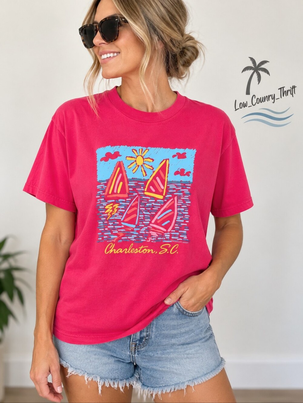 Vintage Resort Works Charleston SC Sailboat Tee Large Pink Single Stitch